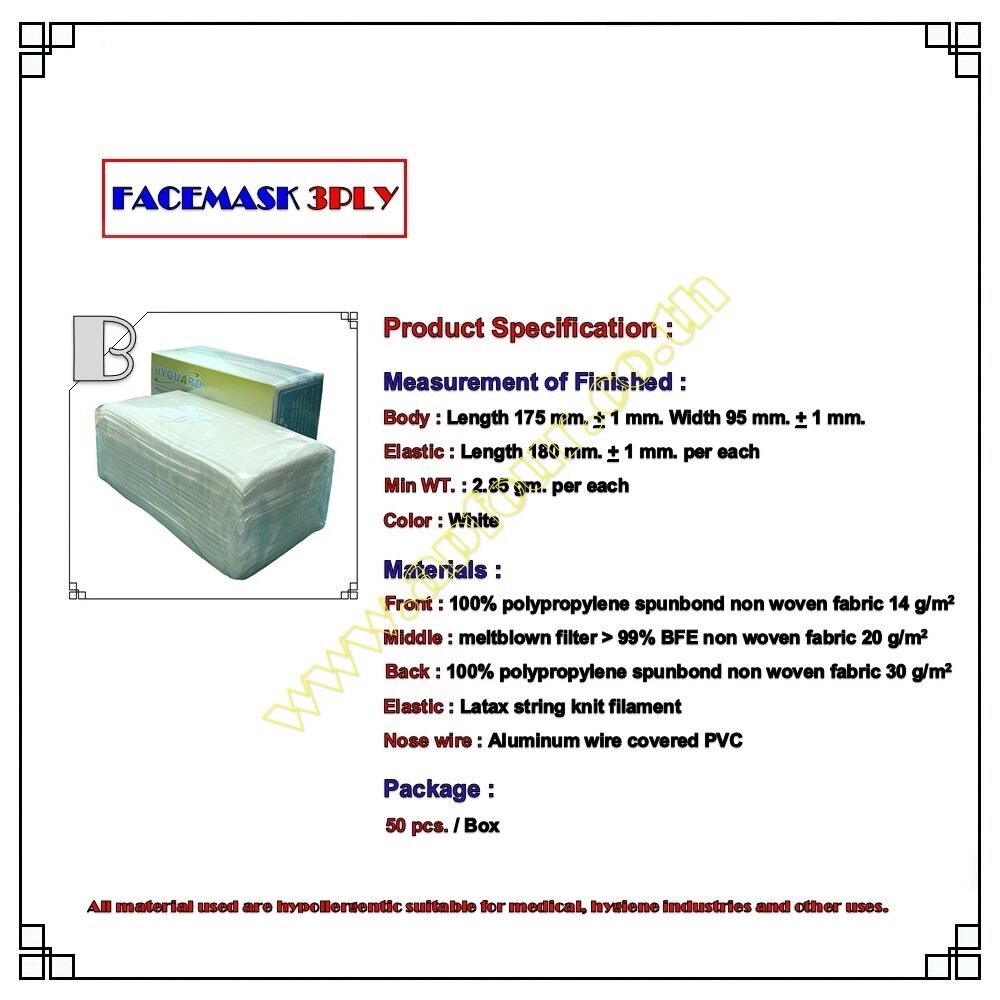 หน้ากากอนามัย 3 ชั้น ทางการแพทย์ หน้ากาก แมสสีขาว เขียว ฟ้า หน้ากากอนามัยผู้ใหญ่ มาตราฐาน แมสปิดปาก 1 กล่อง 50 ชิ้น