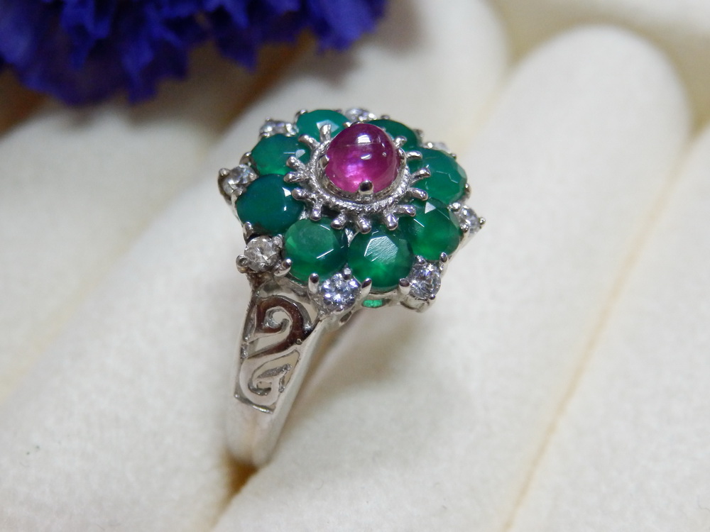 PP5406 แหวนทับทิมพม่าสีหวาน ล้อมโมราเขียว พลอยแท้ สวยทุกเม็ด