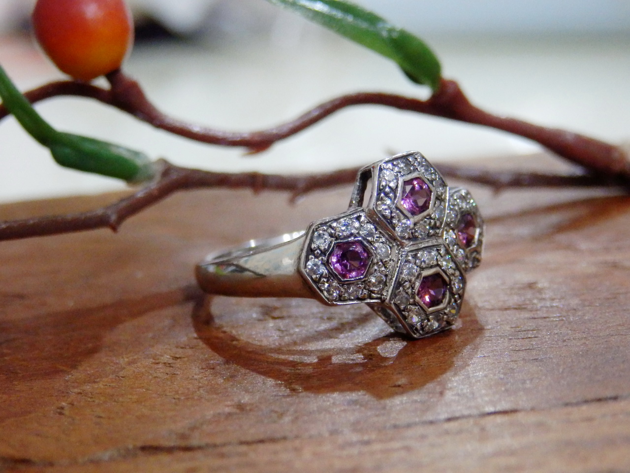 Sm099 แหวนรังผึ้งพลอยโรโดไลท์แท้ งานซิลเวอร์สวยๆราคาเบาๆ