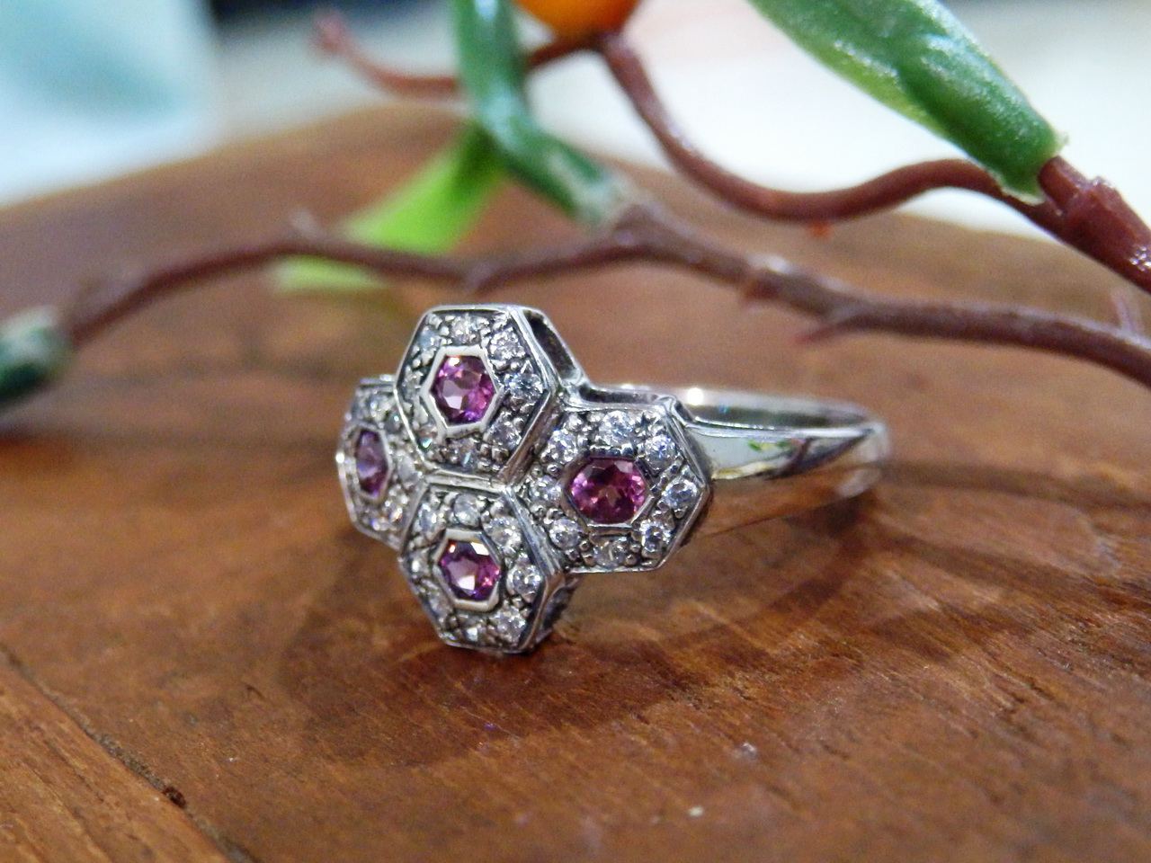 Sm099 แหวนรังผึ้งพลอยโรโดไลท์แท้ งานซิลเวอร์สวยๆราคาเบาๆ