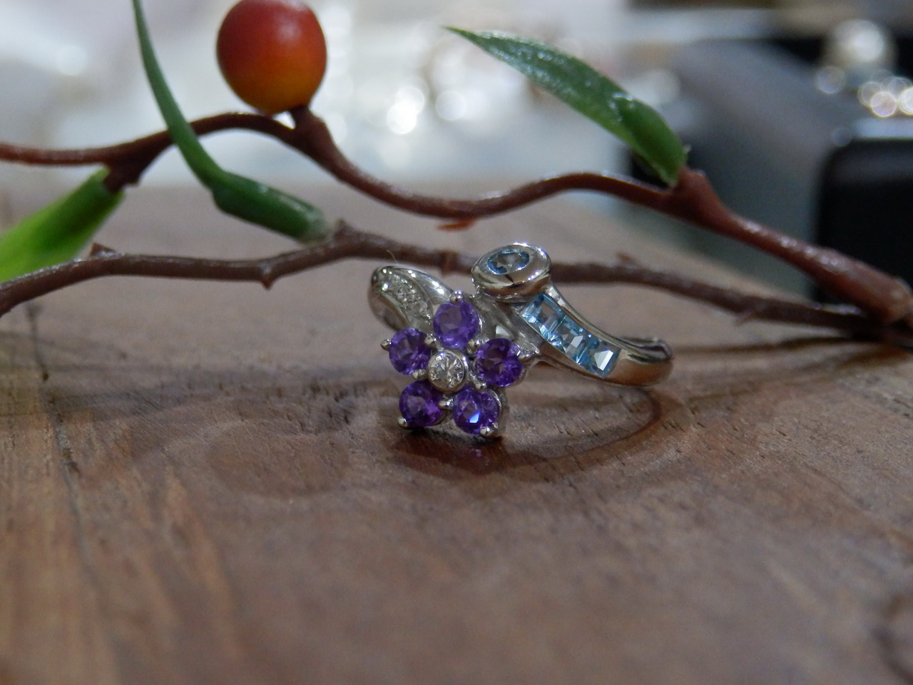 Sm102 แหวนดอกไม้อเมทิสต์และบลูโทพาสแท้ งานซิลเวอร์สวยๆราคาเบาๆ