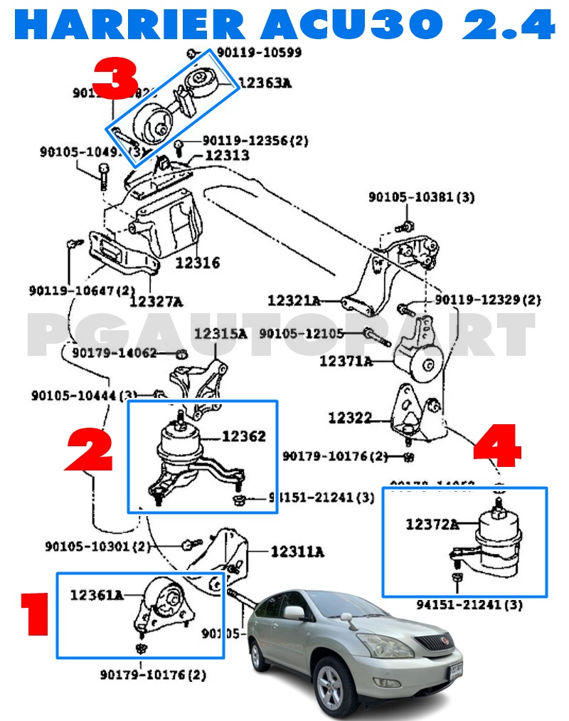 เซตสุดคุ้ม!!! ยางแท่นเครื่อง-แท่นเกียร์ HARRIER 2005-2009 2.4 (ACU30) 2AZ / แท้รูปจริง