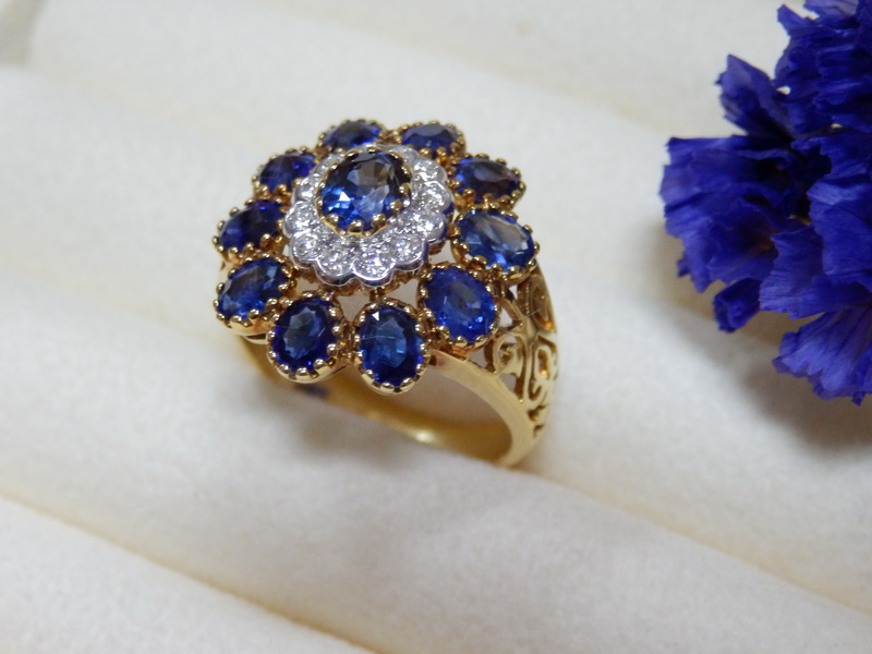 PP5302 แหวนไพลินประดับเพชรแท้ 0.20 กะรัต ทรงโบราณผสมโมเดิร์น ใส่สวยเก๋