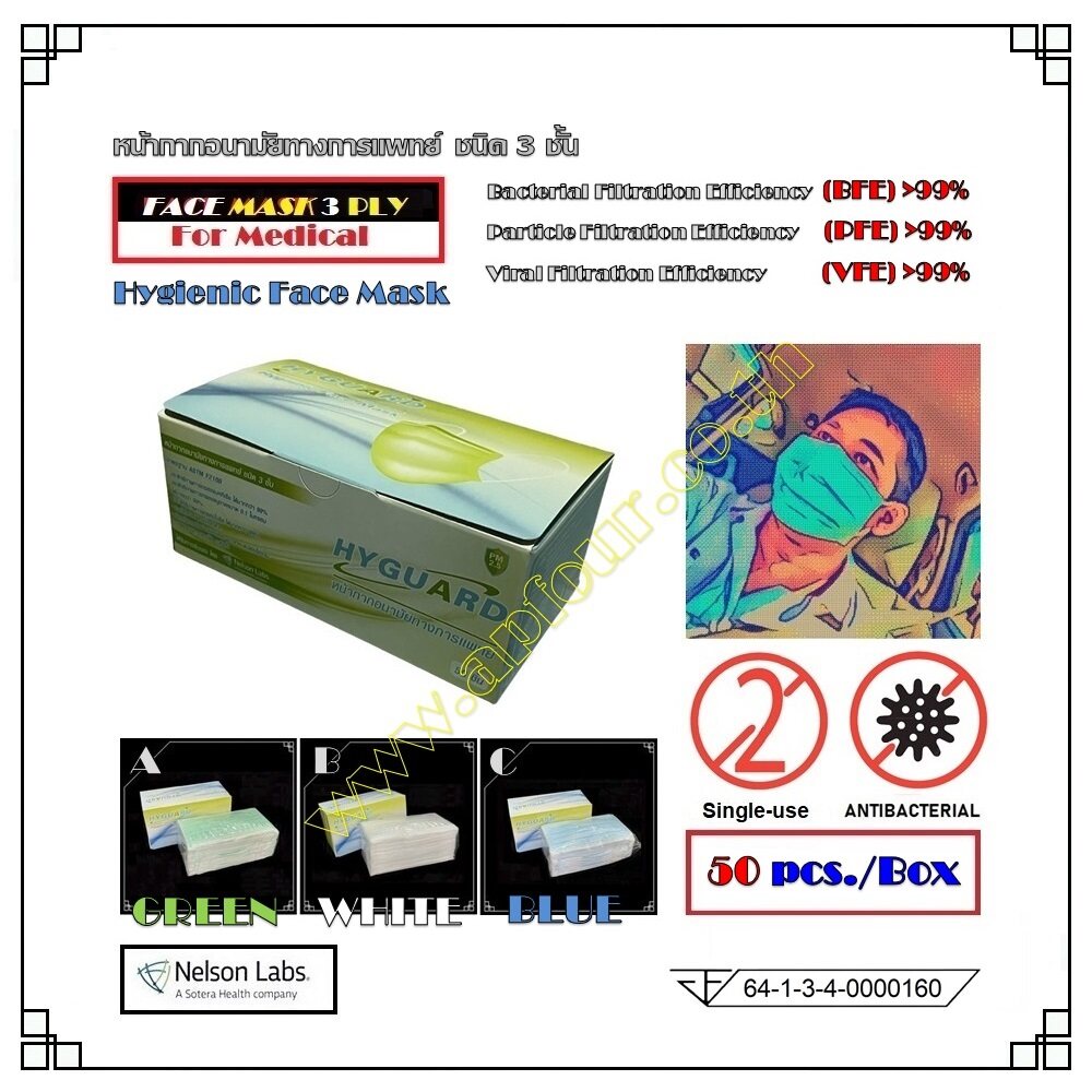 หน้ากากอนามัย 3 ชั้น ทางการแพทย์ หน้ากาก แมสสีขาว เขียว ฟ้า หน้ากากอนามัยผู้ใหญ่ มาตราฐาน แมสปิดปาก 1 กล่อง 50 ชิ้น