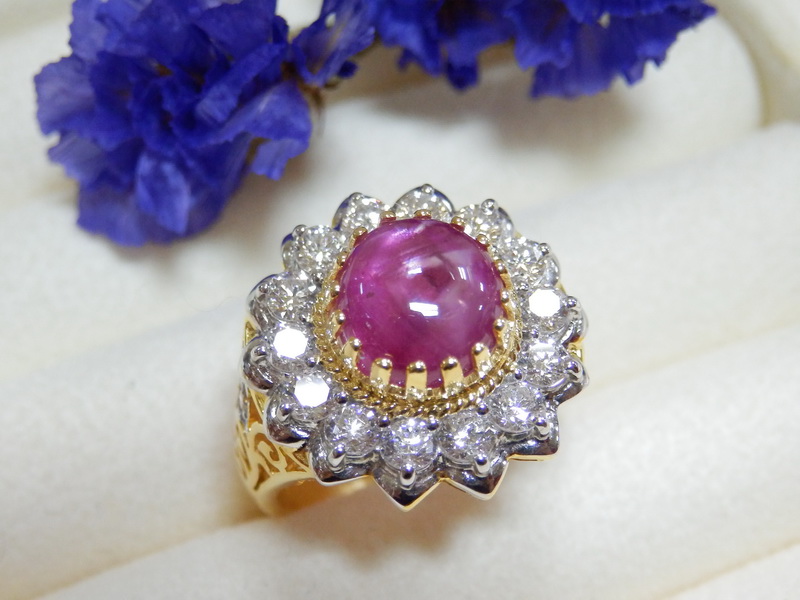 PP5301 แหวนทับทิมพม่าสีหวาน ล้อมเพชรแท้ 1.22 กะรัต ทรงโบราณผสมโมเดิร์น