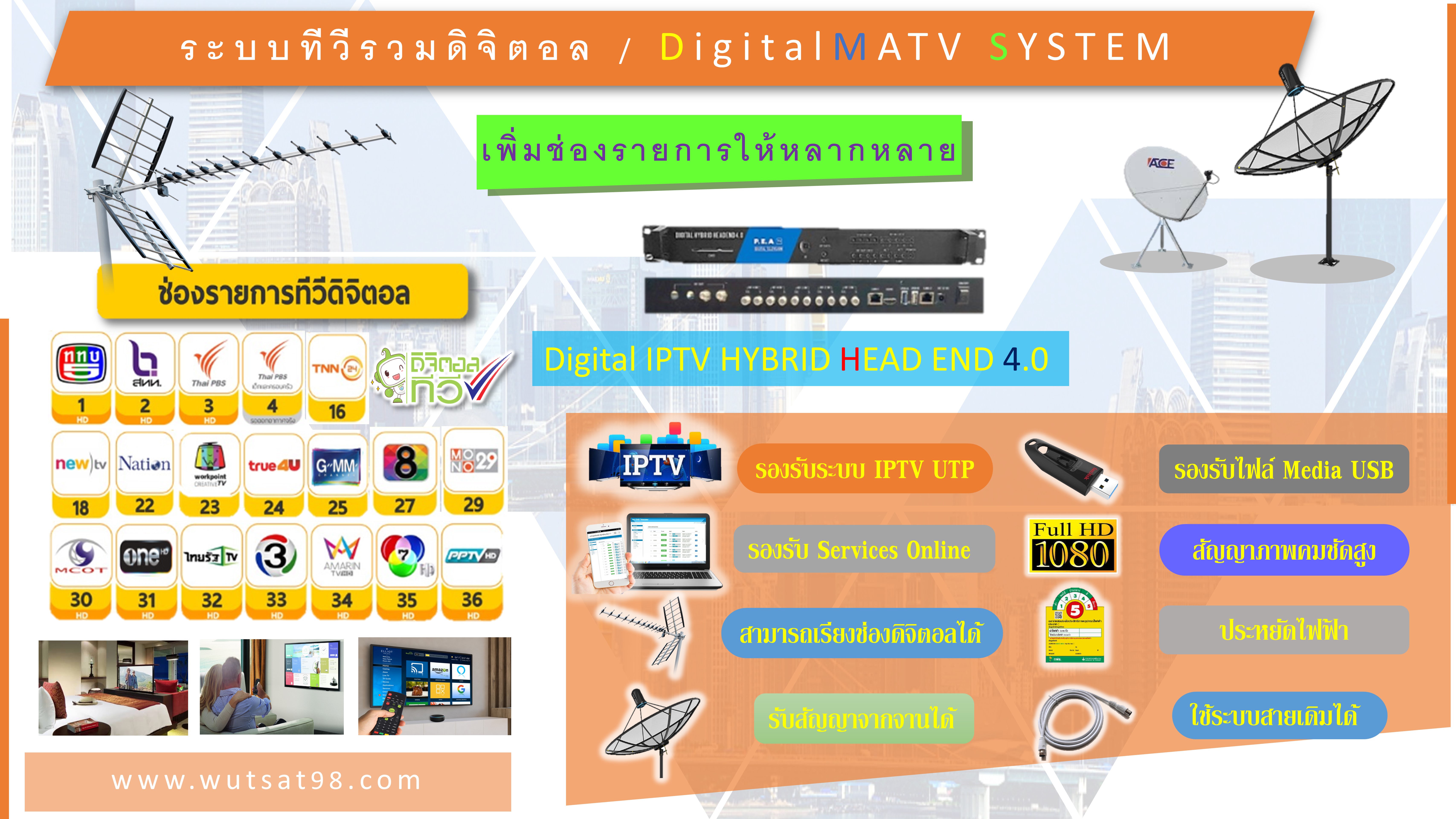 ชุดระบบเพิ่มช่องดิจิตอลiptvโรงแรมหอพักรีสอร์ท