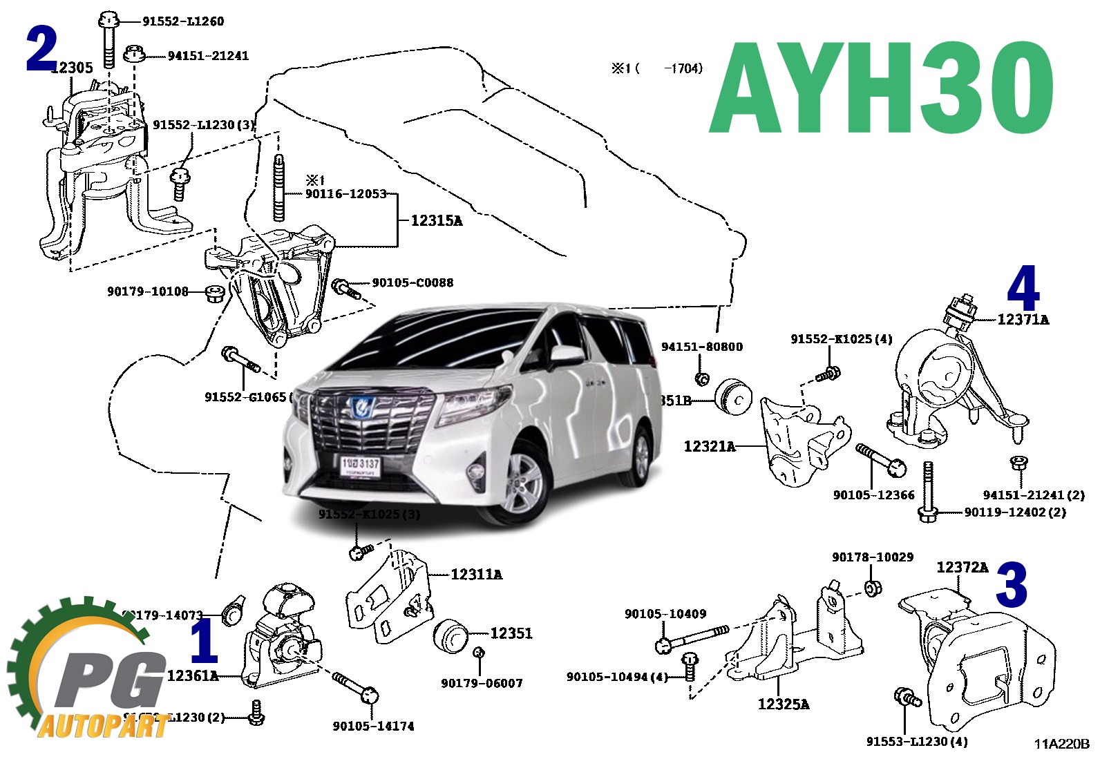 เซตสุดคุ้ม!!! ยางแท่นเครื่อง-แท่นเกียร์ โตโยต้าอัลพาส TOYOTA ALPHARD 2015-2018 2.5 HYBRID, AYH30 2.5 L ปี 2015-2018 เครื่อง 2AR-FXE (1ชุด = 4 ตัว) / ENGINE MOUNT