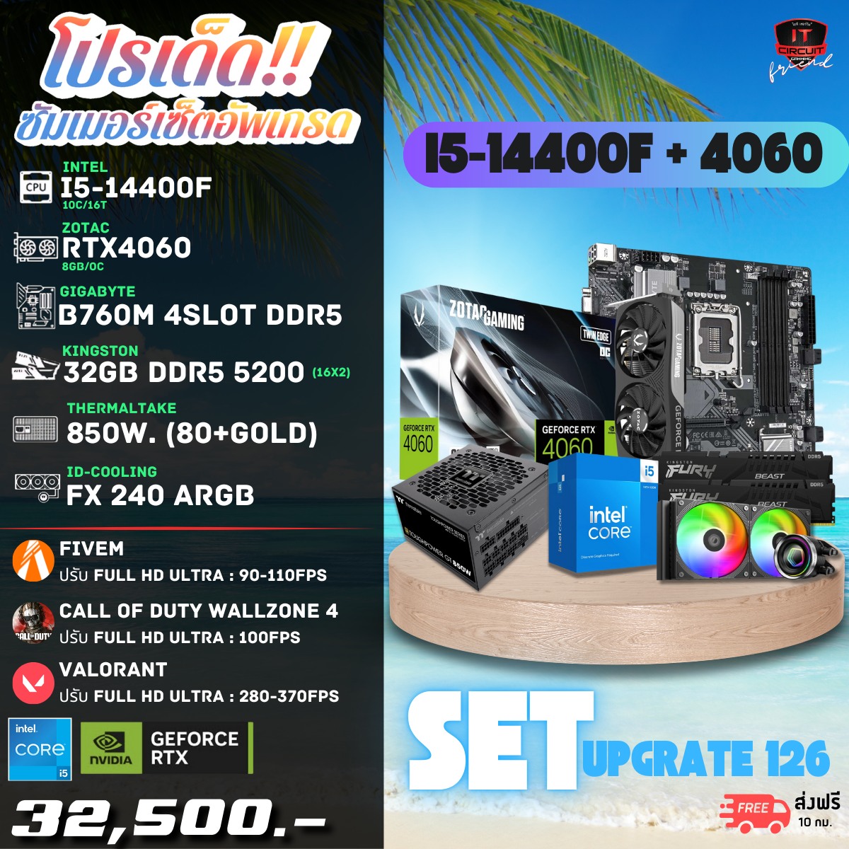I5-14400F 10C/16T/3Y / FX 240 ARGB /3Y / B760M 4Slot DDR5/3Y / 32GB DDR5 5200 (16GBX2) /LT / RTX 4060 OC/3Y / 850W. (80+GOLD) /5Y