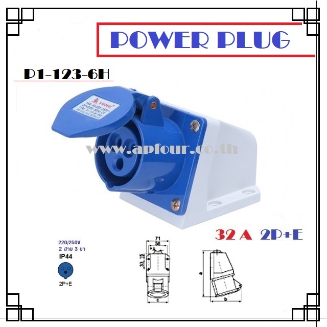 ปลั๊กไฟ เพาเวอร์ 32A 2สาย 3ขา แบบตัวเมียติดผนัง รุ่น P1-123-6h