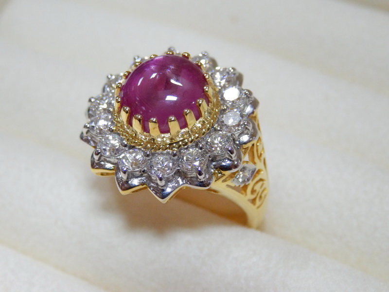 PP5301 แหวนทับทิมพม่าสีหวาน ล้อมเพชรแท้ 1.22 กะรัต ทรงโบราณผสมโมเดิร์น