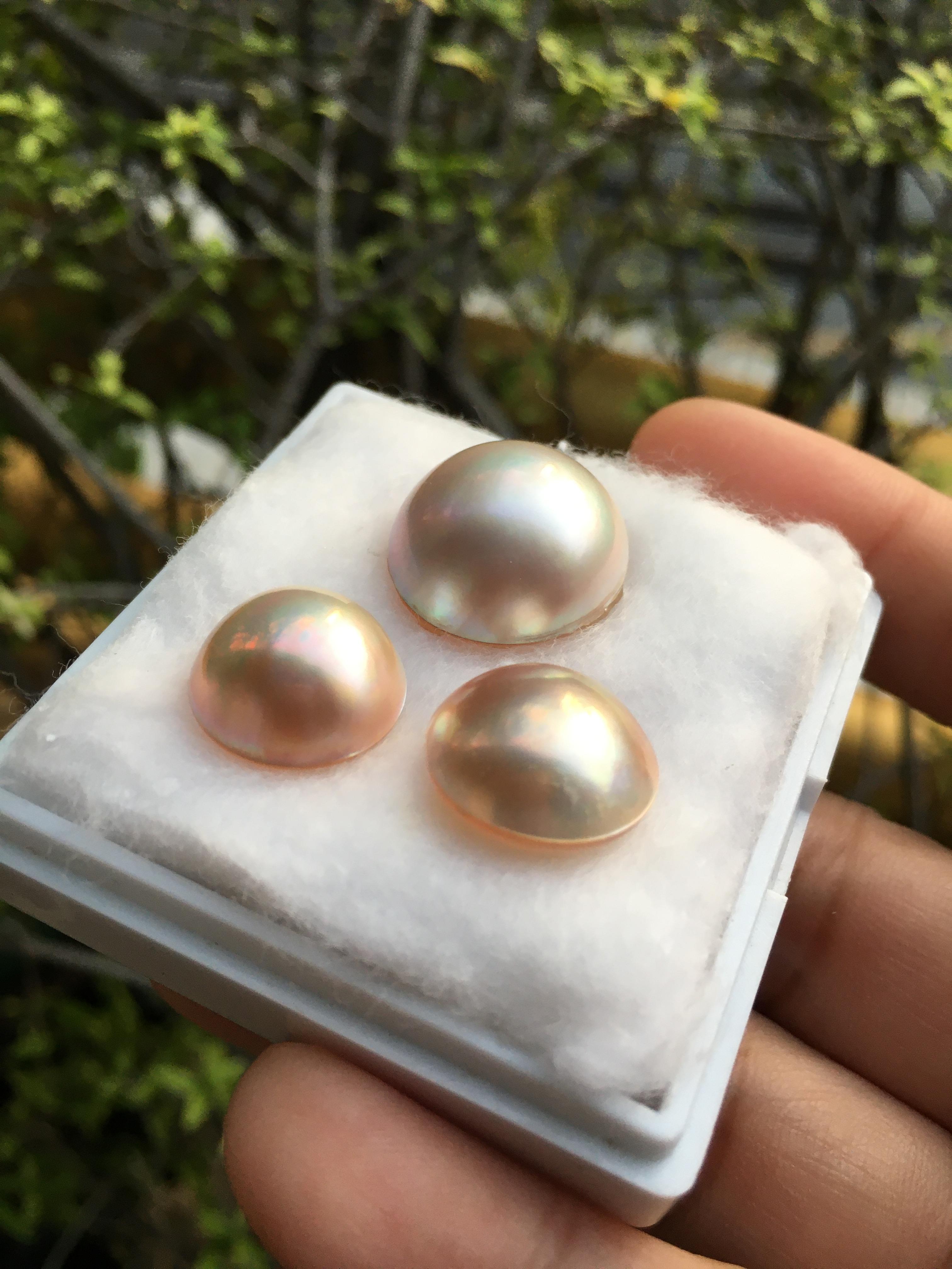 (มาใหม่ค่ะ) มุกแท้ ซาลาเปา สีพิ๊งค์โกลด์เหลือบรุ้ง ไซส์ใหญ่จัดเซตหูแหวน สวยหวานม๊าก