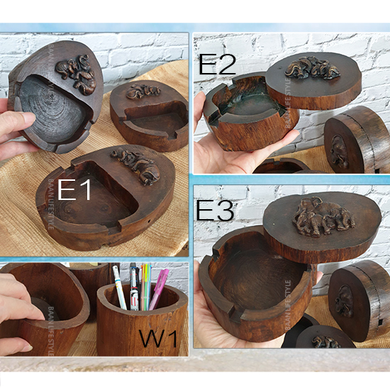 Wood Ashtray and box ถาด / กล่อง / ที่เขี่ยบุหรี่ ไม้ธรรมชาติ ลายช้าง *สุ่มลาย-คละรูปทรง