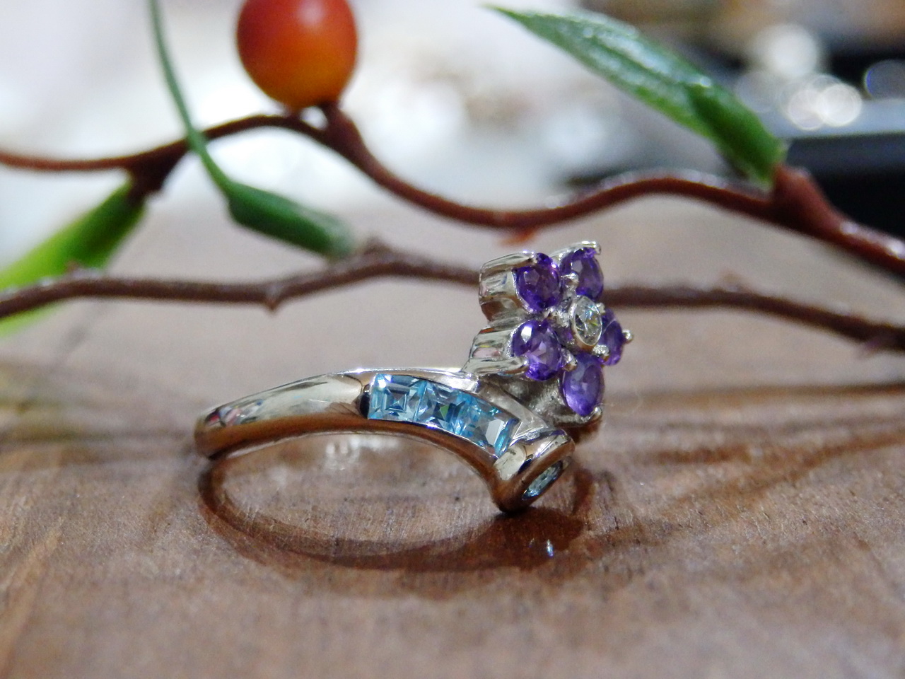Sm102 แหวนดอกไม้อเมทิสต์และบลูโทพาสแท้ งานซิลเวอร์สวยๆราคาเบาๆ