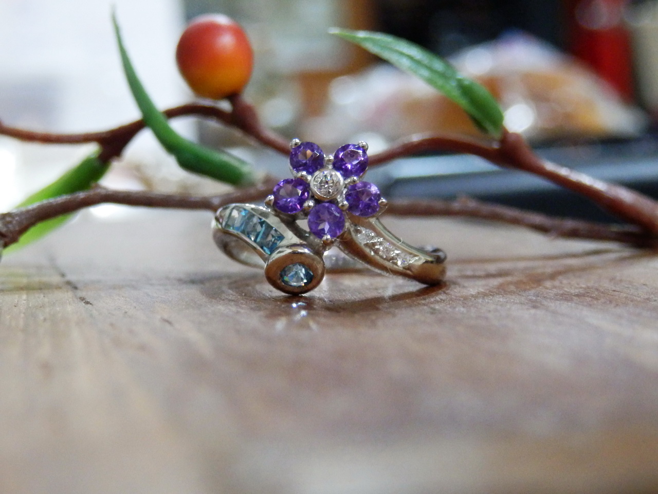 Sm102 แหวนดอกไม้อเมทิสต์และบลูโทพาสแท้ งานซิลเวอร์สวยๆราคาเบาๆ