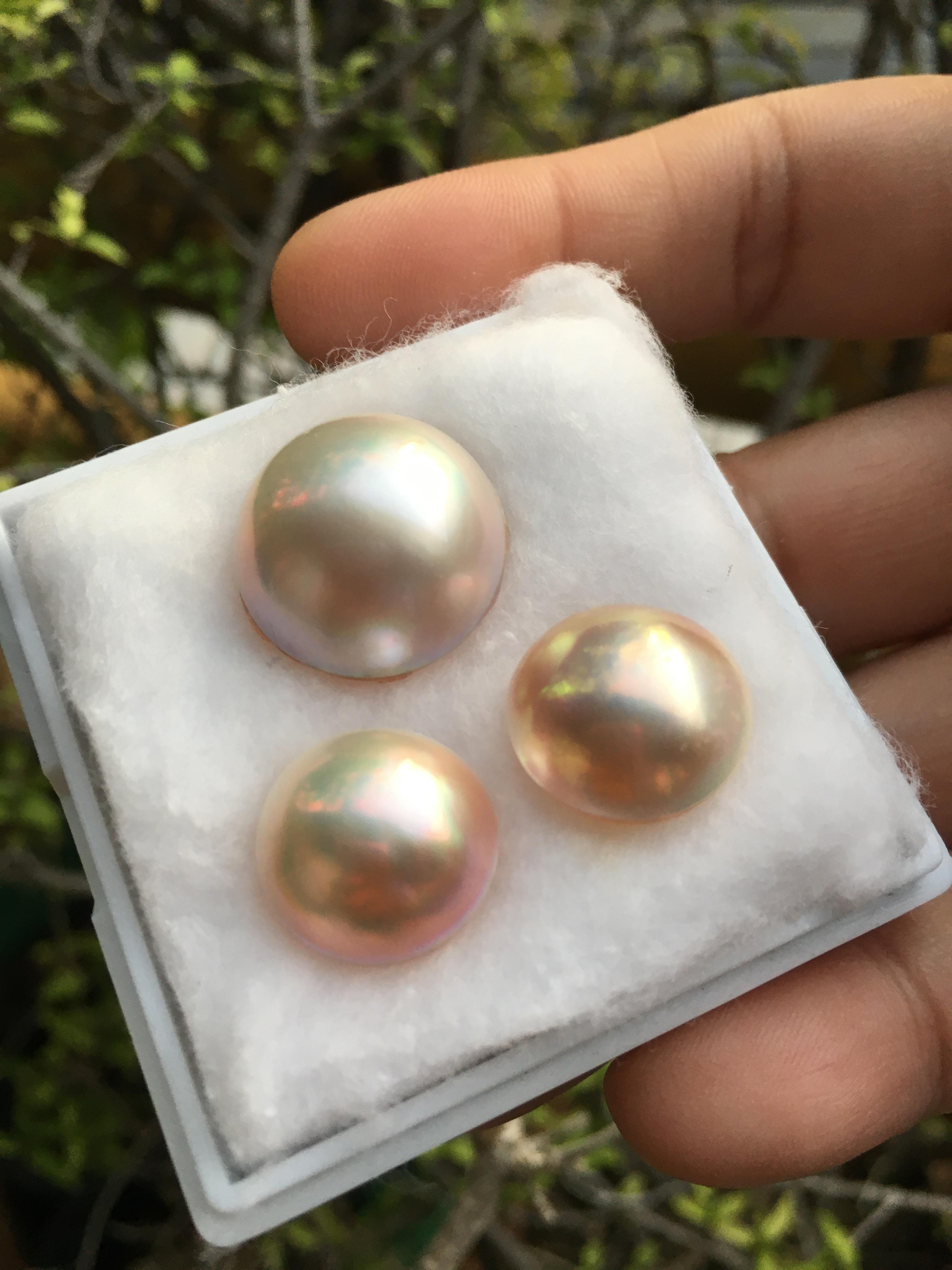 (มาใหม่ค่ะ) มุกแท้ ซาลาเปา สีพิ๊งค์โกลด์เหลือบรุ้ง ไซส์ใหญ่จัดเซตหูแหวน สวยหวานม๊าก