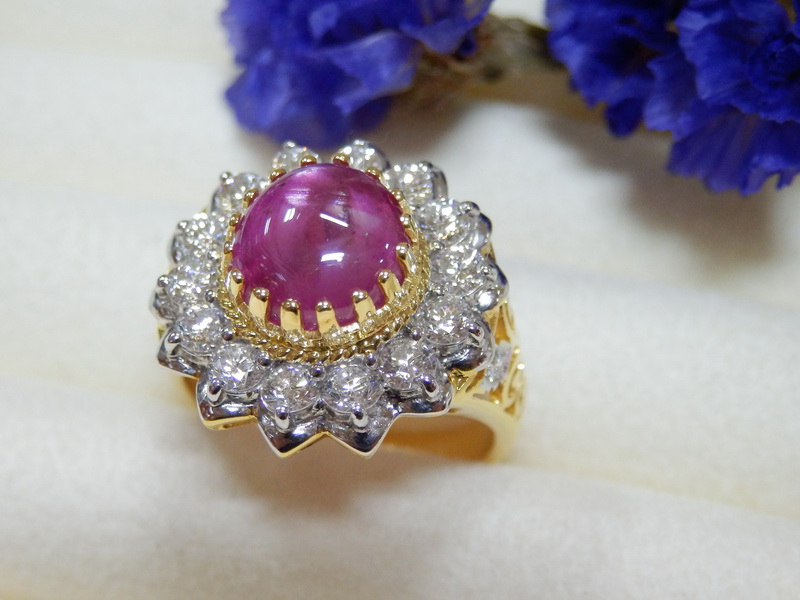 PP5301 แหวนทับทิมพม่าสีหวาน ล้อมเพชรแท้ 1.22 กะรัต ทรงโบราณผสมโมเดิร์น