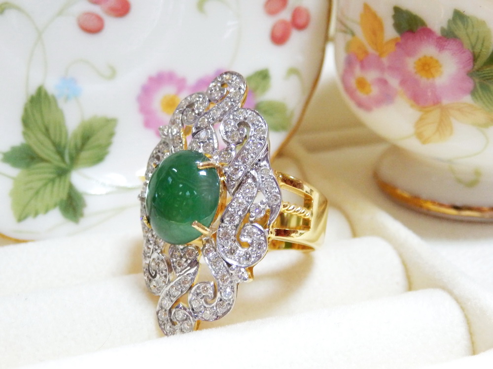 m060 แหวนหยกเพชรแท้ 1.19 กะรัต แหวนหน้าใหญ่ ใส่สวยเต็มนิ้ว