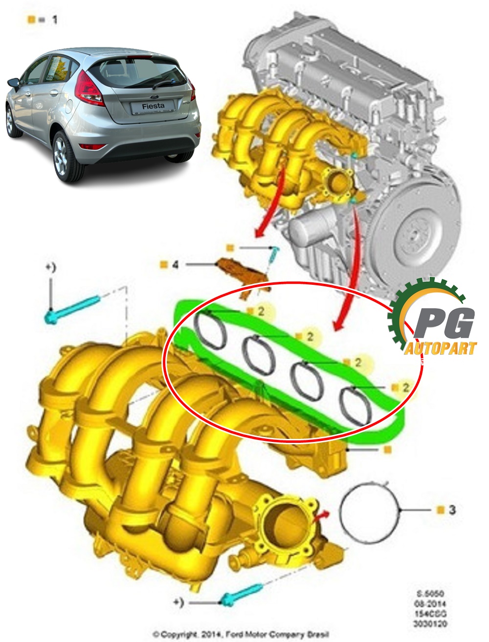 ชุดประเก็นท่อร่วมไอดี ไอเสีย FORD FIESTA ปี 2010-2012 (1ชุด = 5 ชิ้น) แท้ / รูปจริง