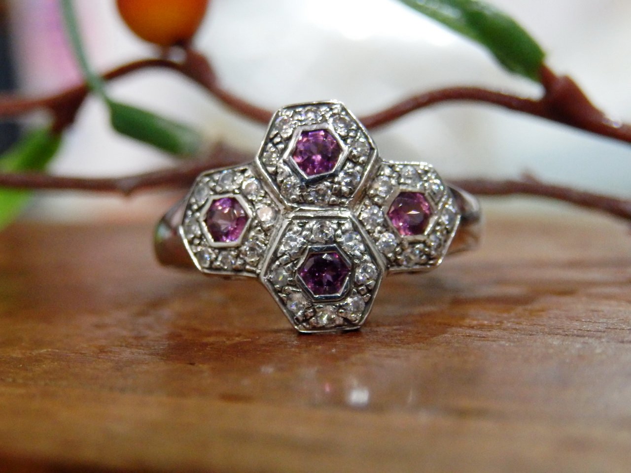 Sm099 แหวนรังผึ้งพลอยโรโดไลท์แท้ งานซิลเวอร์สวยๆราคาเบาๆ