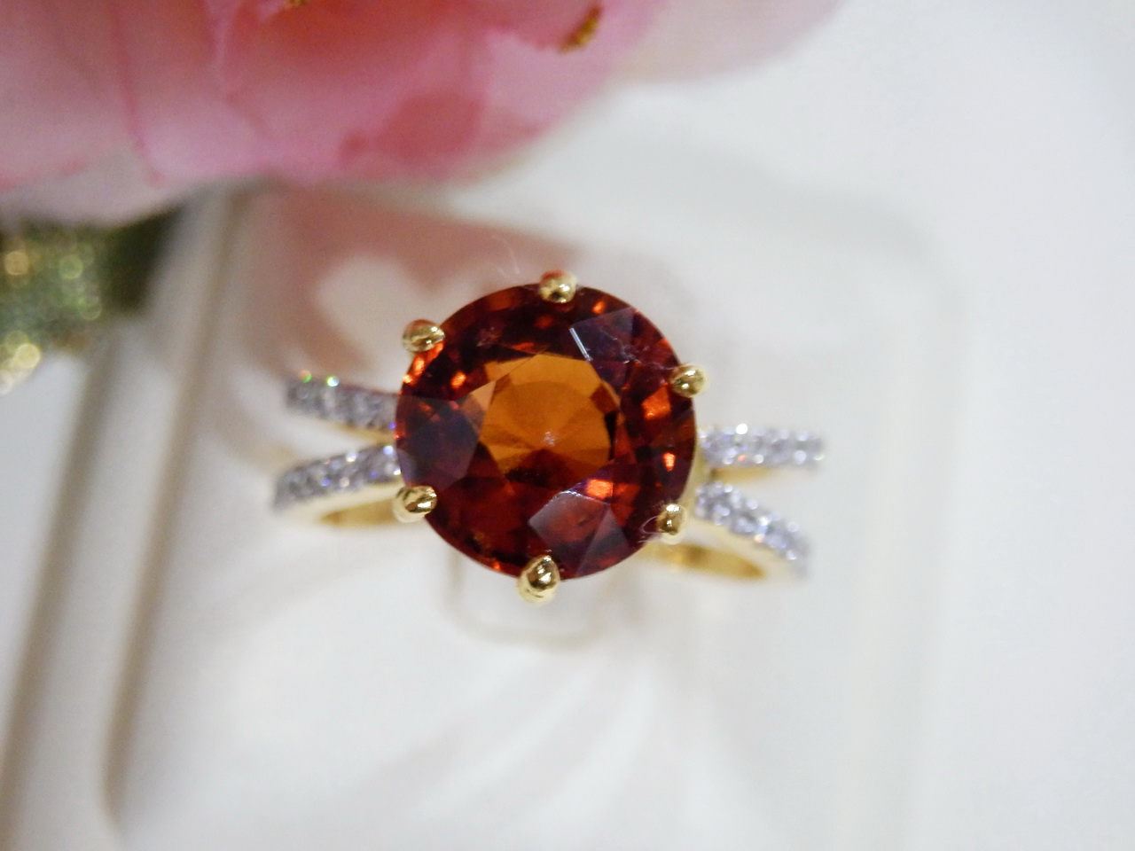 ((hot!!!ลด50%))แหวนโกเมนเอกสีส้มสด ประดับเพชรแท้ 0.32 กะรัต พลอยสวยคัดแล้ว