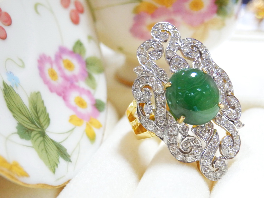 m060 แหวนหยกเพชรแท้ 1.19 กะรัต แหวนหน้าใหญ่ ใส่สวยเต็มนิ้ว