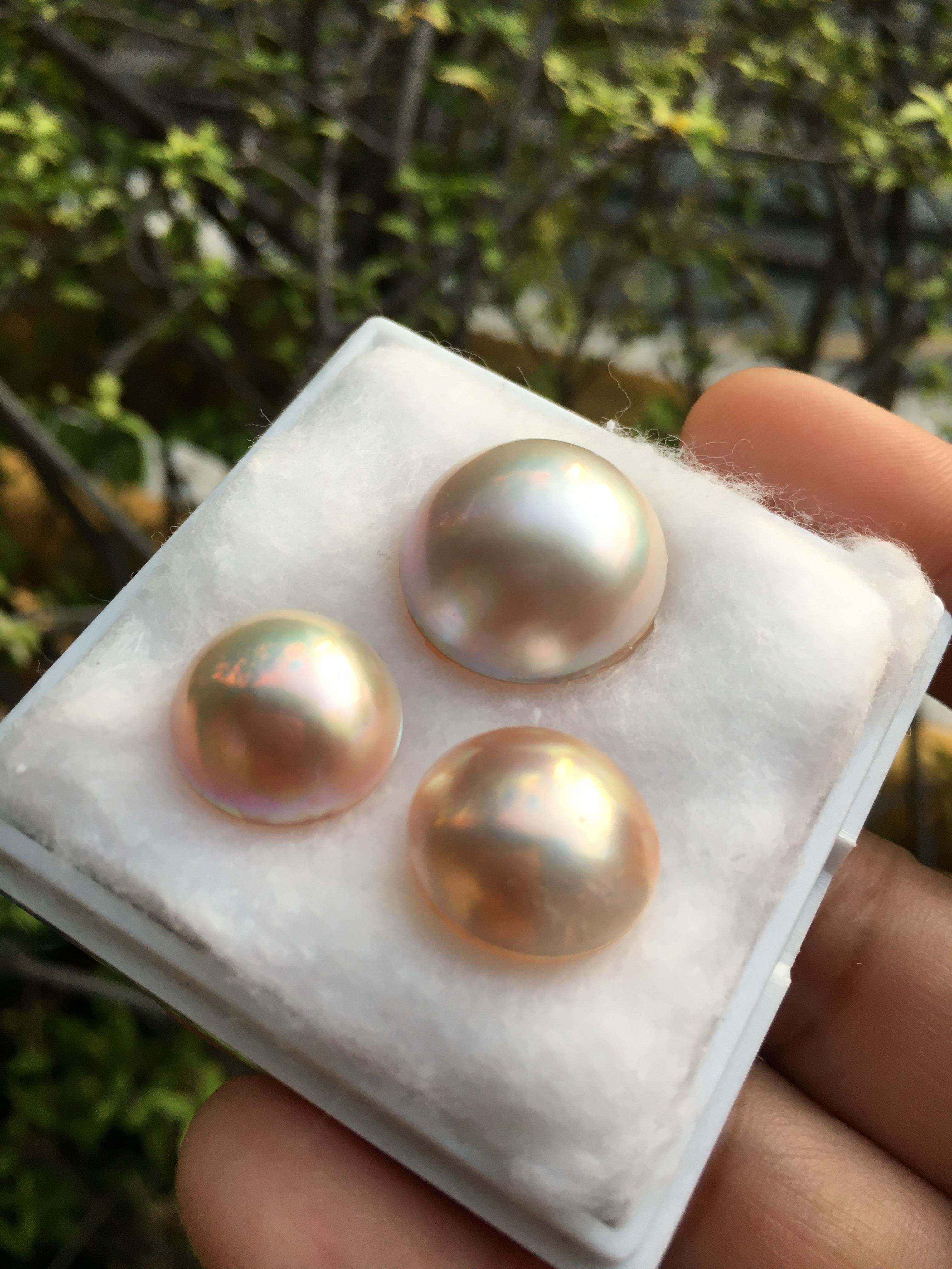 (มาใหม่ค่ะ) มุกแท้ ซาลาเปา สีพิ๊งค์โกลด์เหลือบรุ้ง ไซส์ใหญ่จัดเซตหูแหวน สวยหวานม๊าก