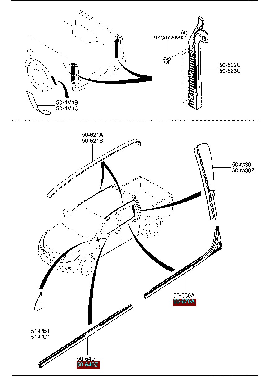 ชุดเปลี่ยนคิ้วรีดน้ำ-นอก มาสด้า บีที 50 โปร MAZDA BT 50 PRO ปี 2012-2014 สำหรับรถ 4 ประตุ / แท้