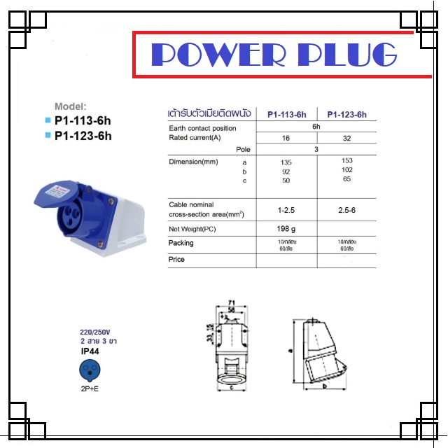 ปลั๊กไฟ เพาเวอร์ 16A 2สาย 3ขา แบบตัวเมียติดผนัง รุ่น P1-113-6h