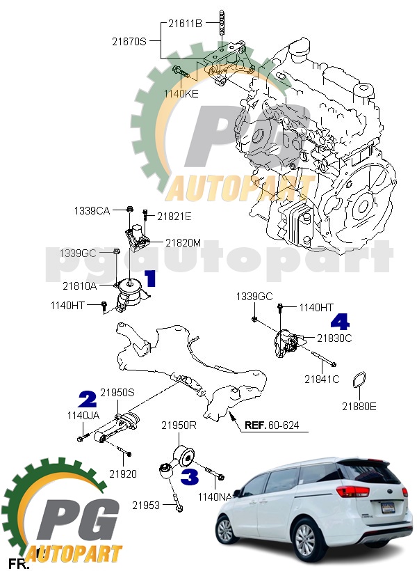 เซตสุดคุ้ม!!! ยางแท่นเครื่อง-แท่นเกียร์ KIA Grand Carnival 2.2 CRDi ปี 2016- 2019 EX Wagon AT (1ชุด = 4 ชิ้น) / แท้