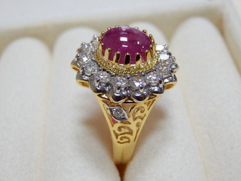 PP5301 แหวนทับทิมพม่าสีหวาน ล้อมเพชรแท้ 1.22 กะรัต ทรงโบราณผสมโมเดิร์น