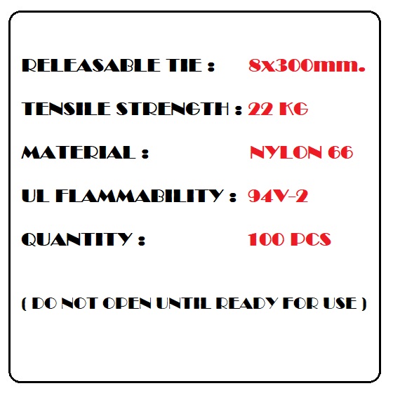 RELEASABLE TIE เคเบิ้ลไทร์แบบปลดล็อคได้ สีดำ 8x300mm [ 100ชิ้น/แพ็ค ]