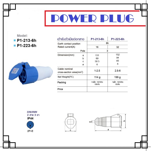 ปลั๊กไฟ เพาเวอร์ 16A 2สาย 3ขา แบบตัวเมีย รุ่น P1-213-6h