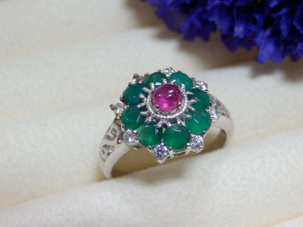 PP5406 แหวนทับทิมพม่าสีหวาน ล้อมโมราเขียว พลอยแท้ สวยทุกเม็ด