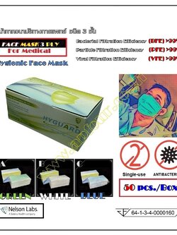 หน้ากากอนามัย 3 ชั้น ทางการแพทย์ หน้ากาก แมสสีขาว เขียว ฟ้า หน้ากากอนามัยผู้ใหญ่ มาตราฐาน แมสปิดปาก 1 กล่อง 50 ชิ้น